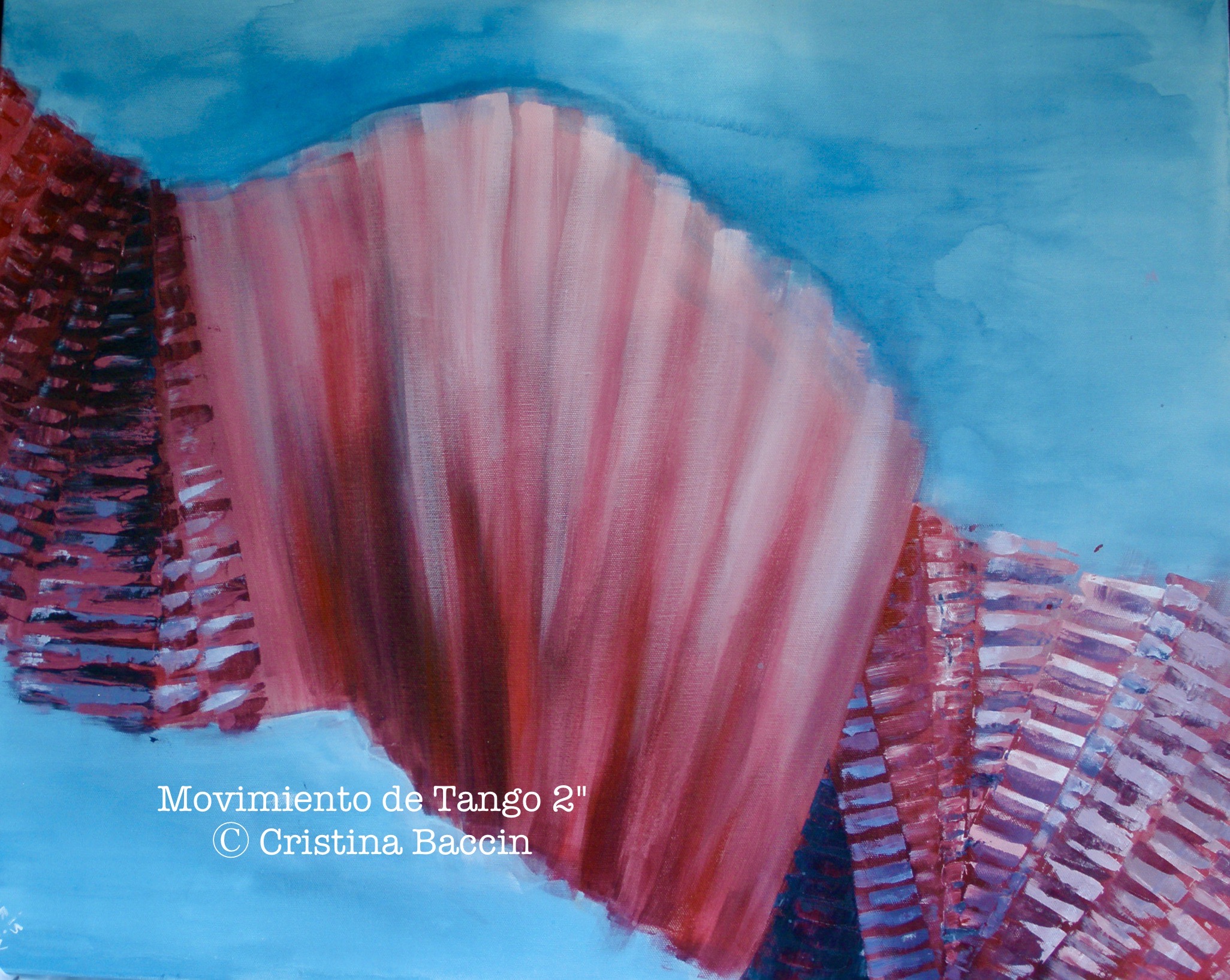 An abstract painting featuring vibrant colors with shades of pink, red, and blue, suggesting movement and rhythm, possibly inspired by tango.